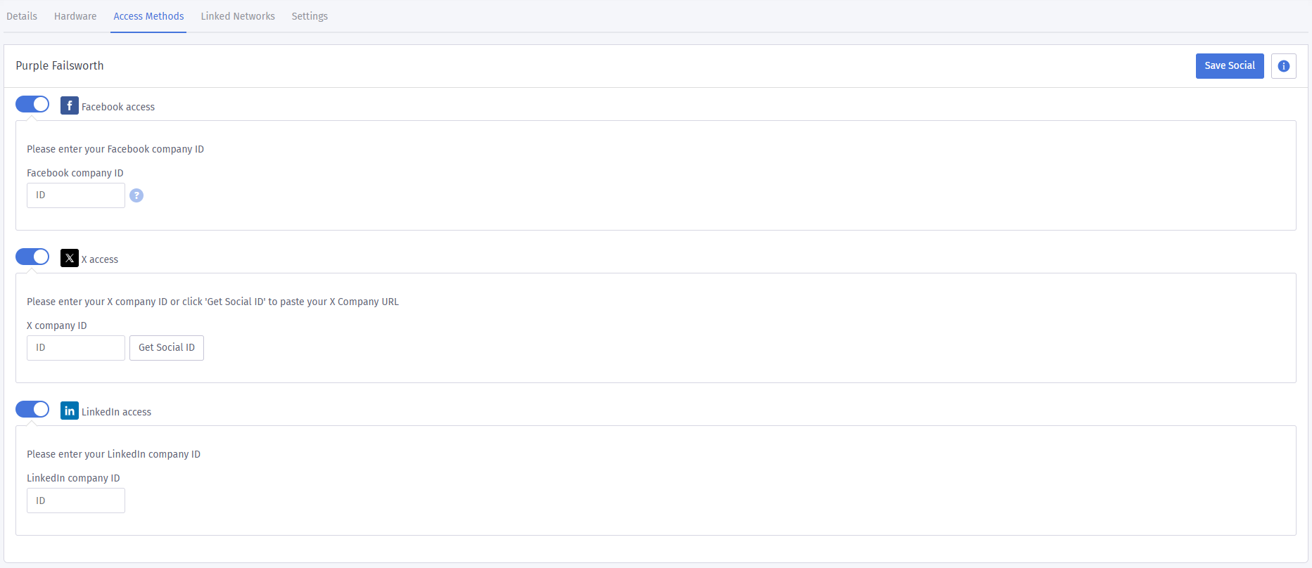 Facebook, X and LinkedIn acceso