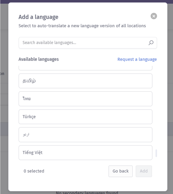 Language selection popup